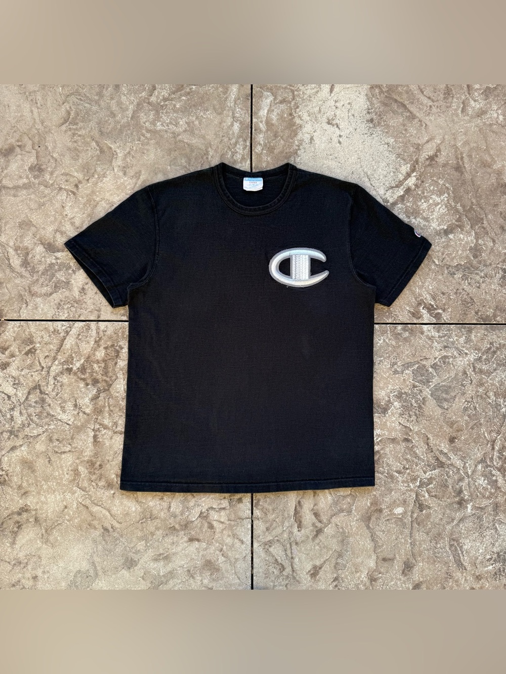 Vintage 90s Distressed Champion Embroidered Big Logo Black T-Shirt